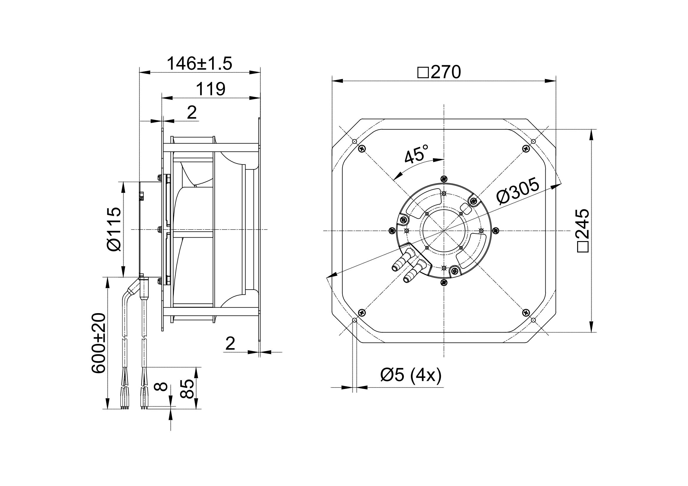 225mm Backward Centrifugal Fan With Support Bracket