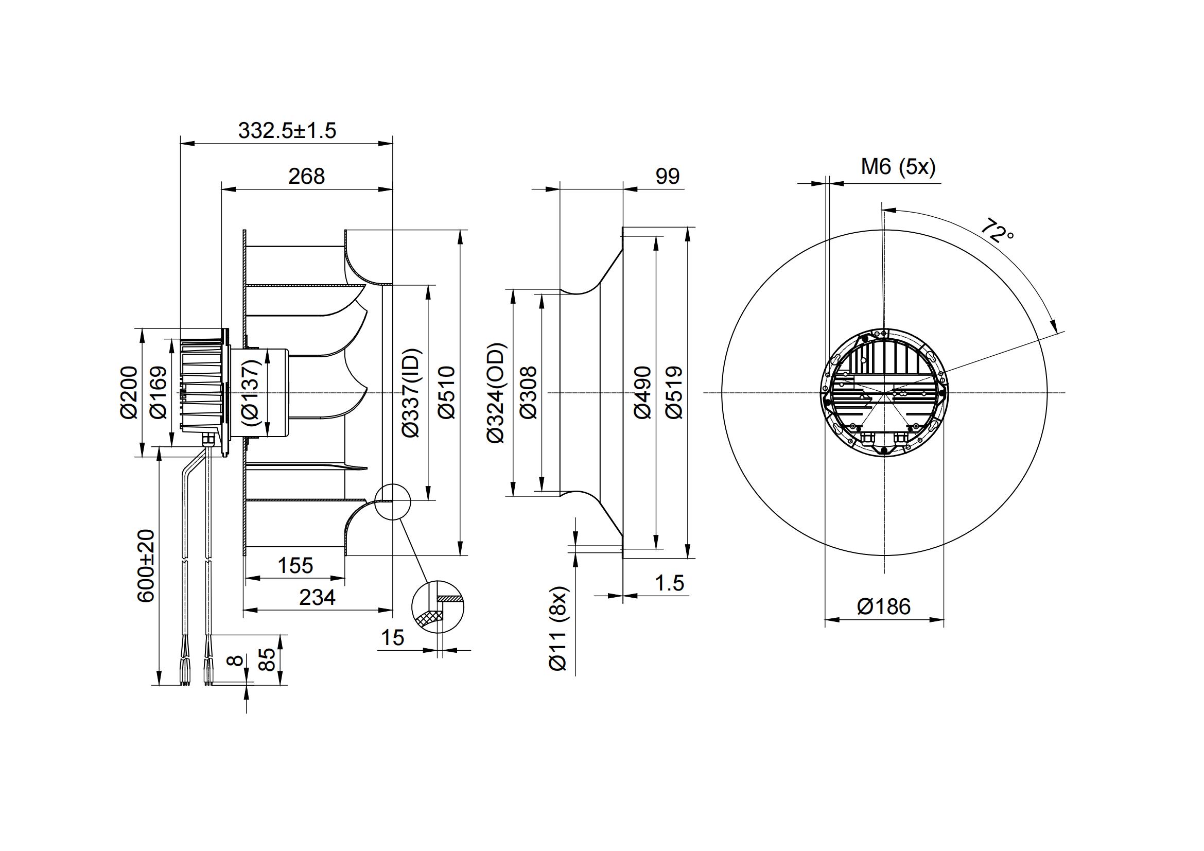 380V EC Diameter 500mm Backward Centrifugal Fan