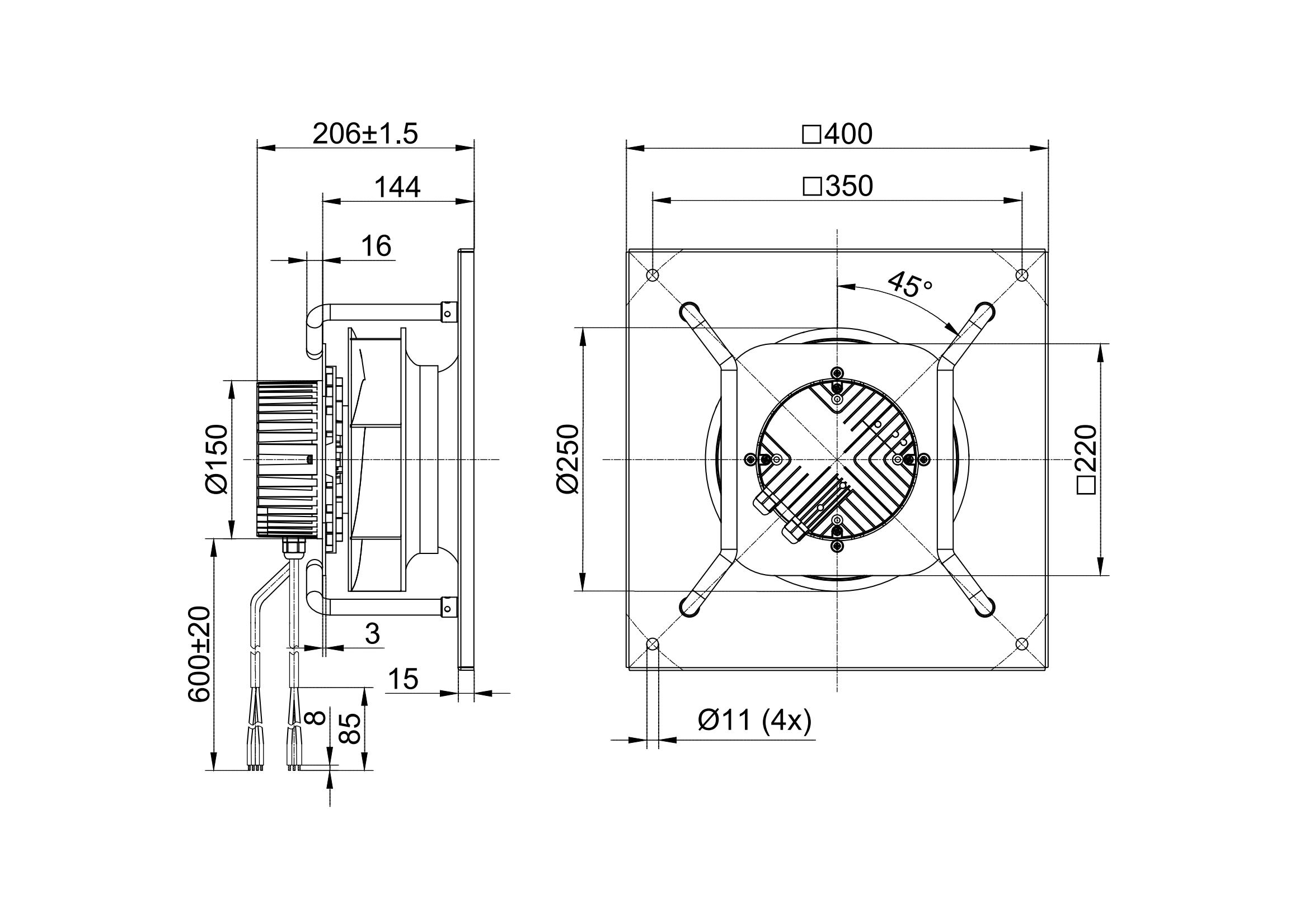 250mm Backward Centrifugal Fan With Support Bracket