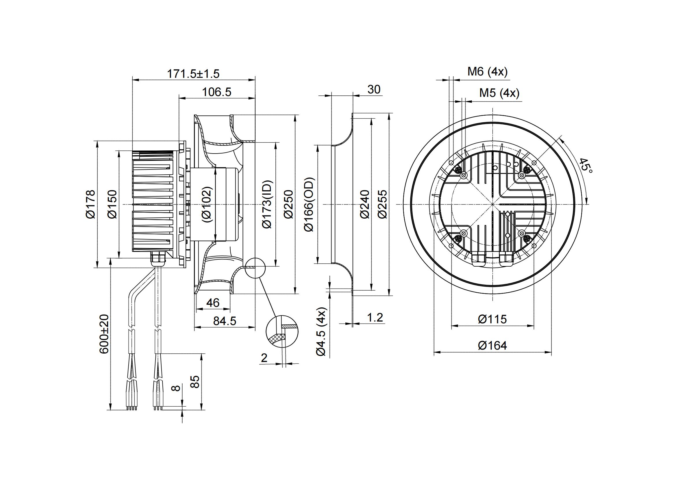 230V EC Diameter 250mm Backward Centrifugal Fan