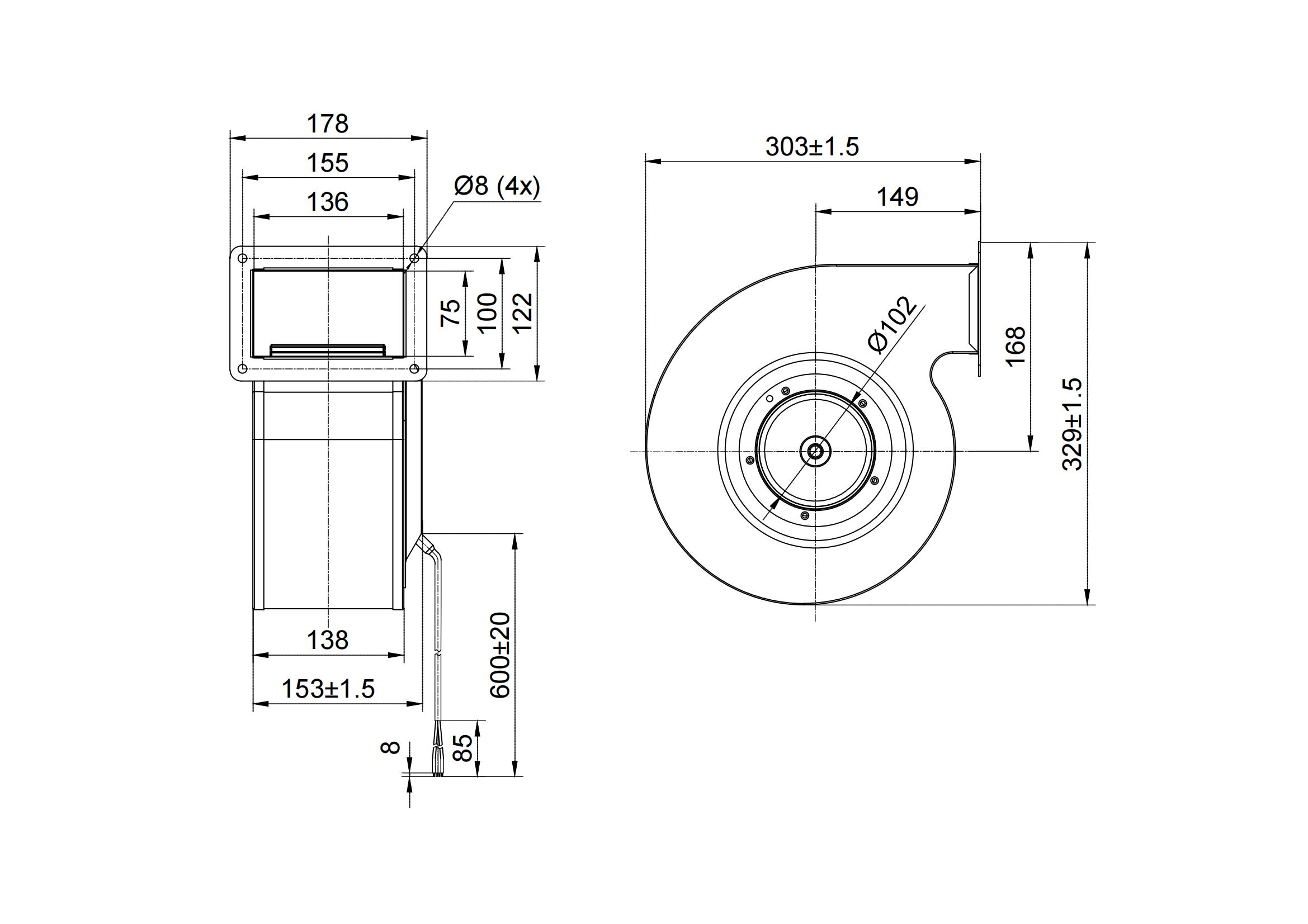 200mm Single Inlet Centrifugal Fans With Scroll Housing