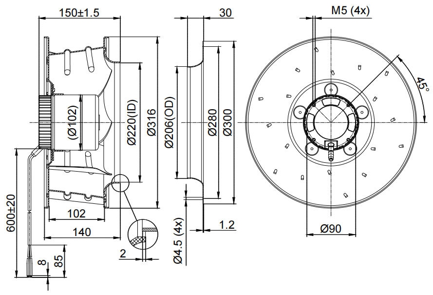 Backward curved centrifugal fan component